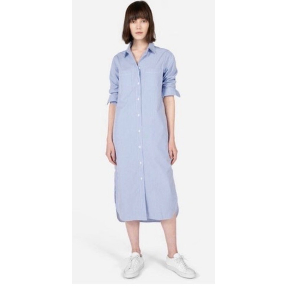 Everlane Striped Cotton‎ Poplin Shirt Dress Blue White Midi Long Sleeve Size 8